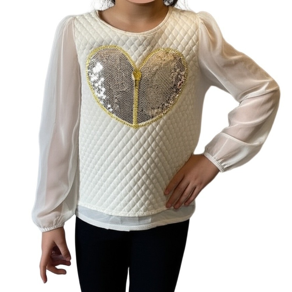 Flapdoodles Girls Small White‎ Quilted Sequin Heart Sheer Blouse Cottagecore